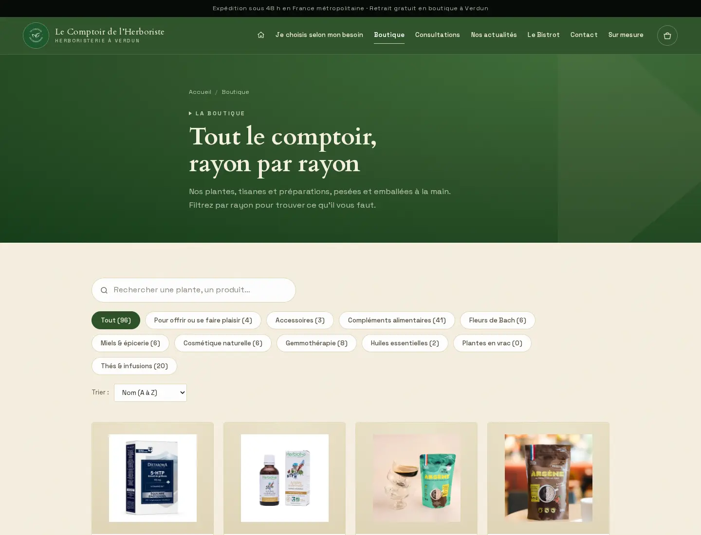 Page boutique du Comptoir de l'Herboriste : recherche, filtres par rayon et fiches produit