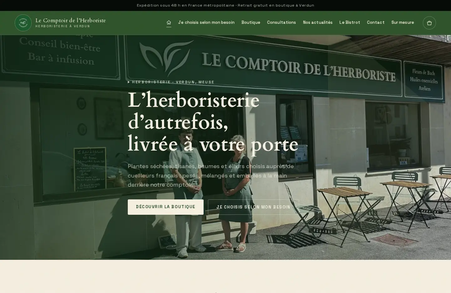 Boutique en ligne du Comptoir de l'Herboriste : page d'accueil avec la devanture de l'herboristerie à Verdun