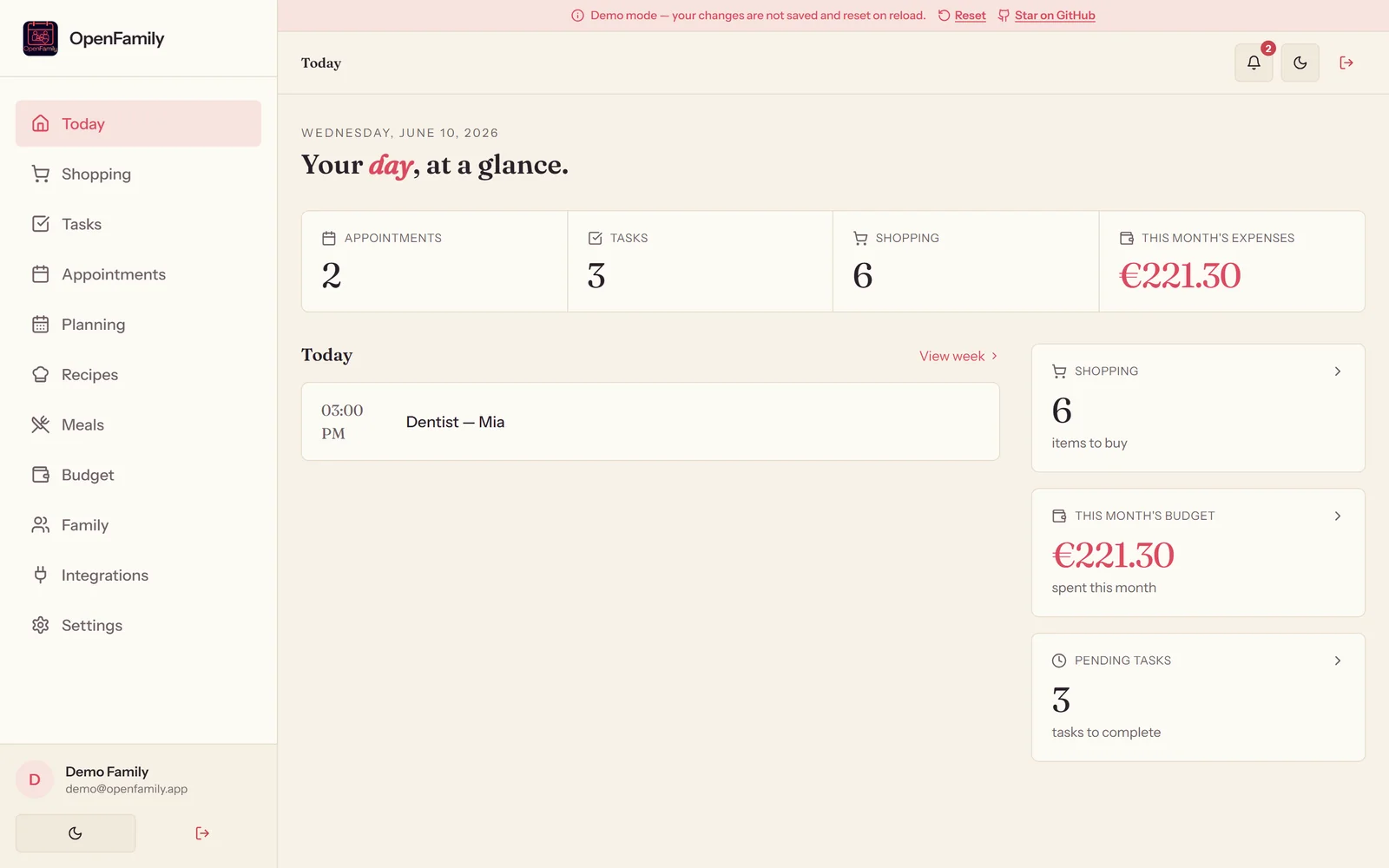 Dashboard OpenFamily : vue du jour avec rendez-vous, tâches, liste de courses et budget du mois
