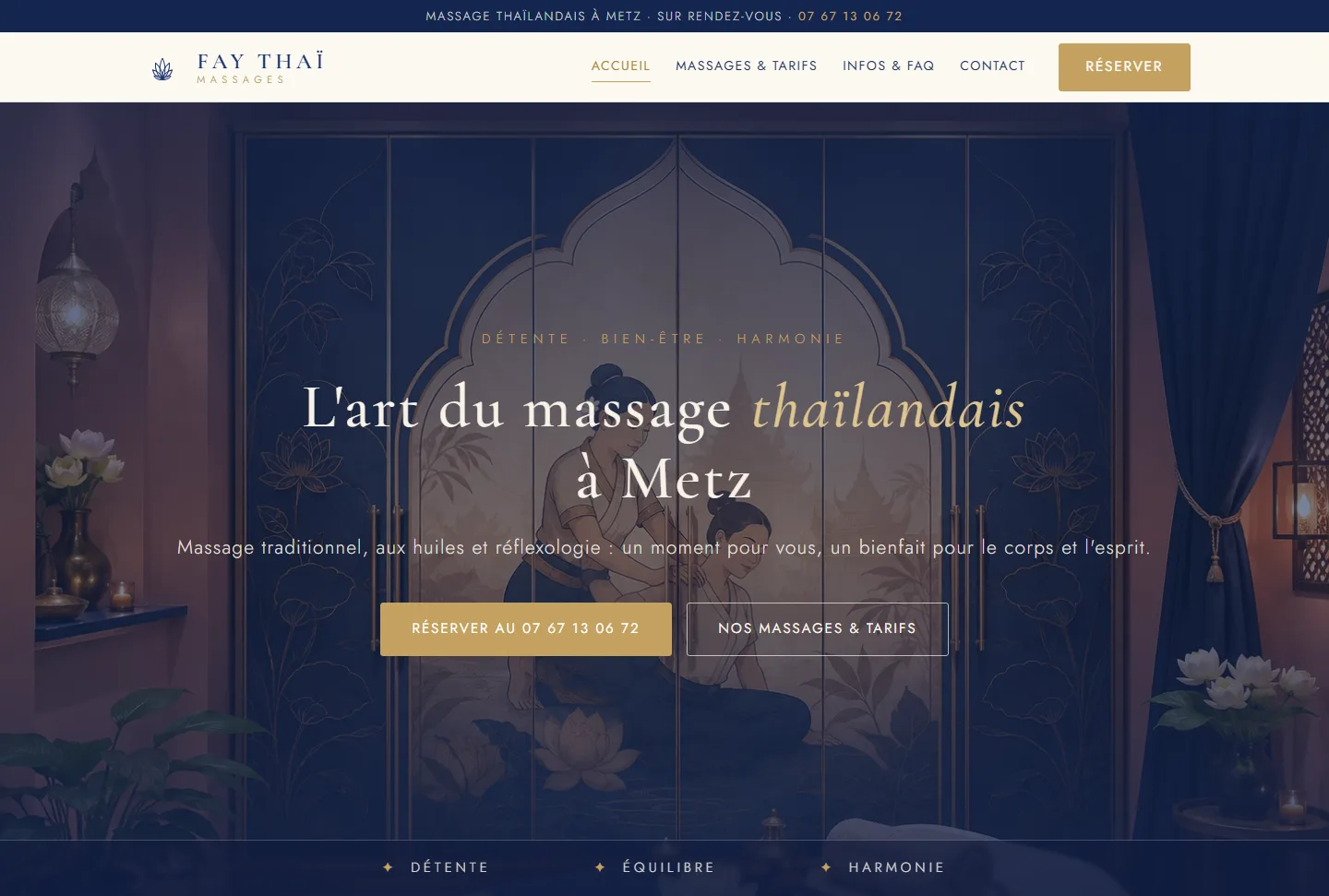 Site vitrine Fay Thaï Massages : massage thaïlandais à Metz, ambiance détente et prise de rendez-vous