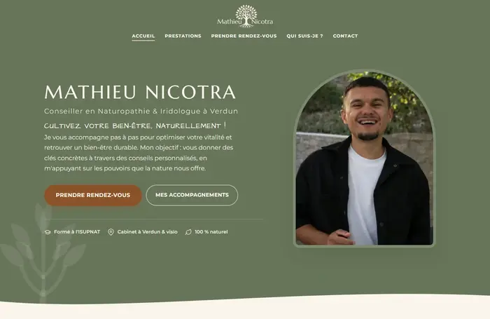 Site vitrine de Mathieu Nicotra, naturopathe à Verdun, réalisé par NexaFlow