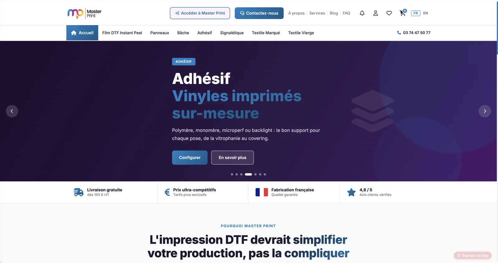 Page d'accueil de master-print.fr : impression DTF, textile, adhésifs, panneaux et grands formats