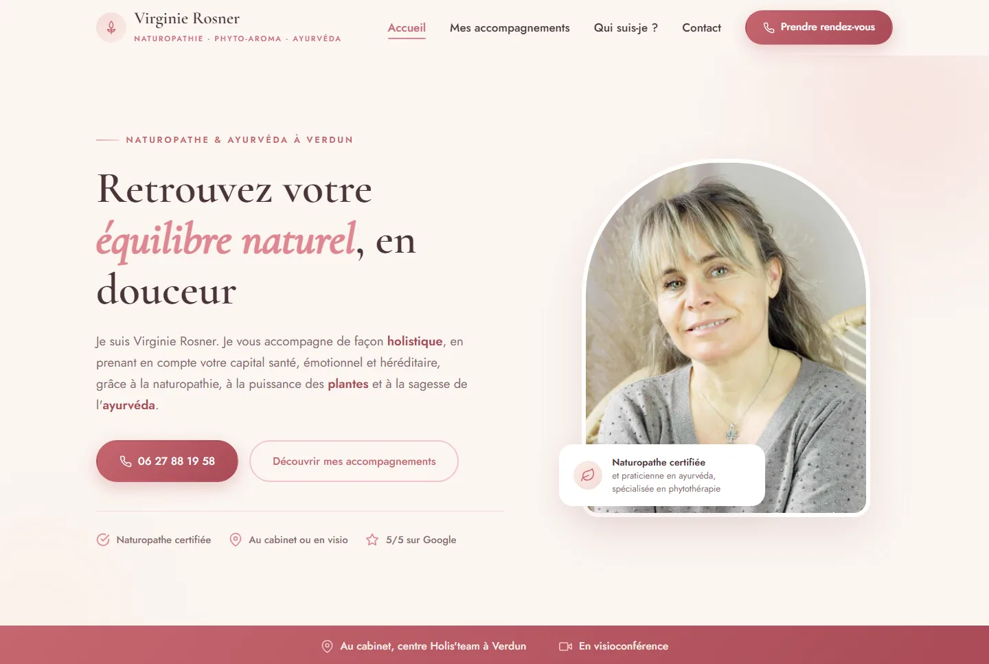 Site vitrine Virginie Rosner : naturopathe et ayurvéda à Verdun, ambiance douce et prise de rendez-vous